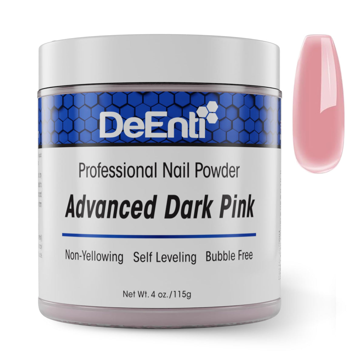 DeEnti jar front view showing dark pink powder for professional results