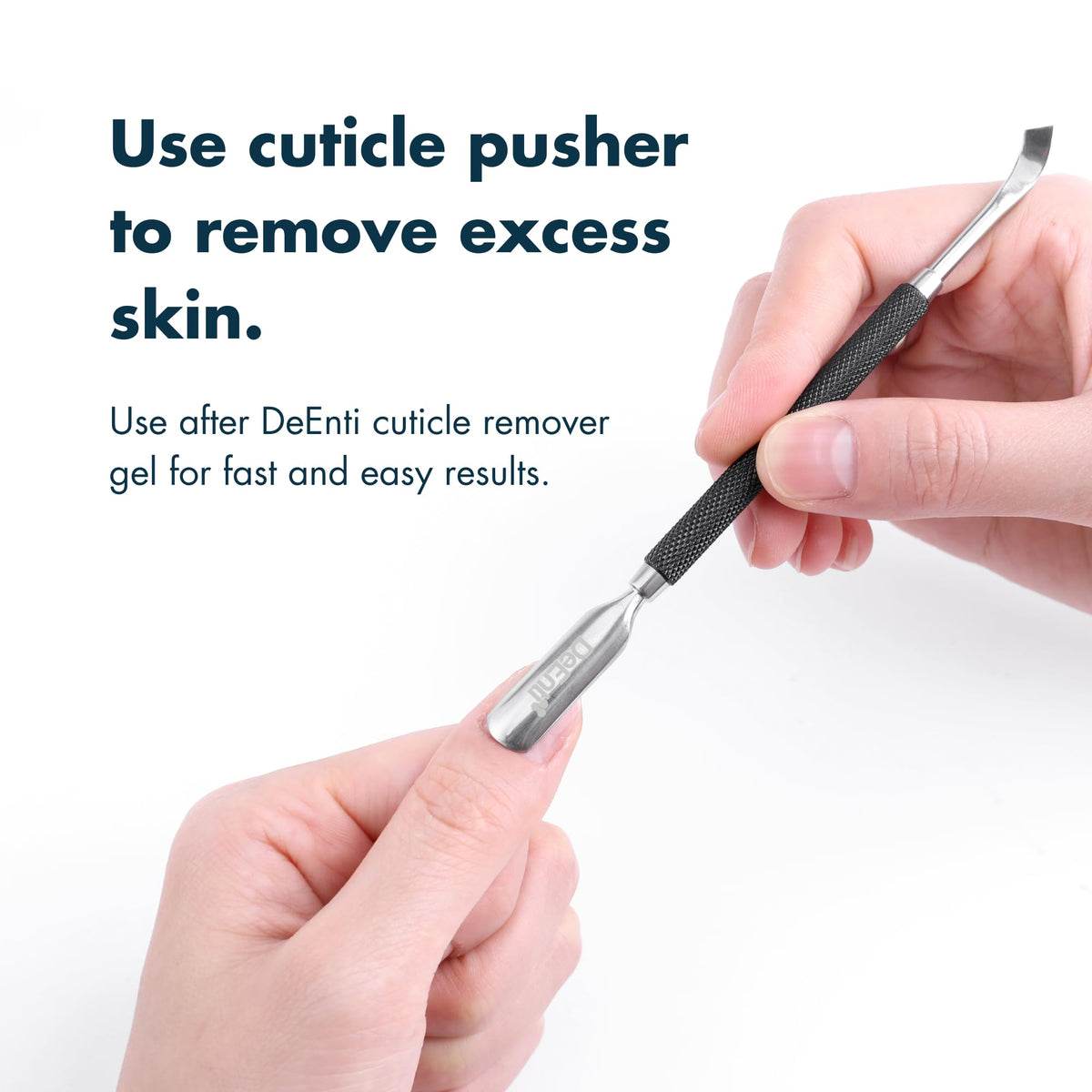 DeEnti metal pusher tool close-up shows stainless steel durability benefit