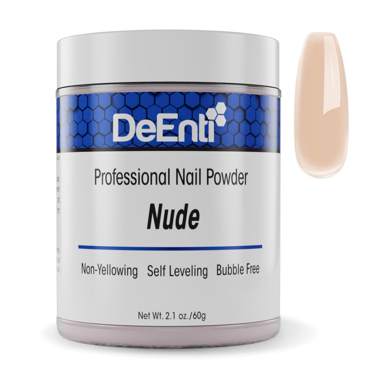 DeEnti front jar showing nude acrylic powder, professional finish