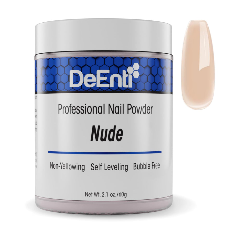 DeEnti front jar showing nude acrylic powder, professional finish