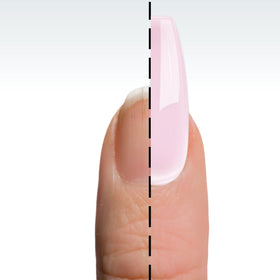 DeEnti medium pink swatch on nail tip demonstrating true color and natural finish