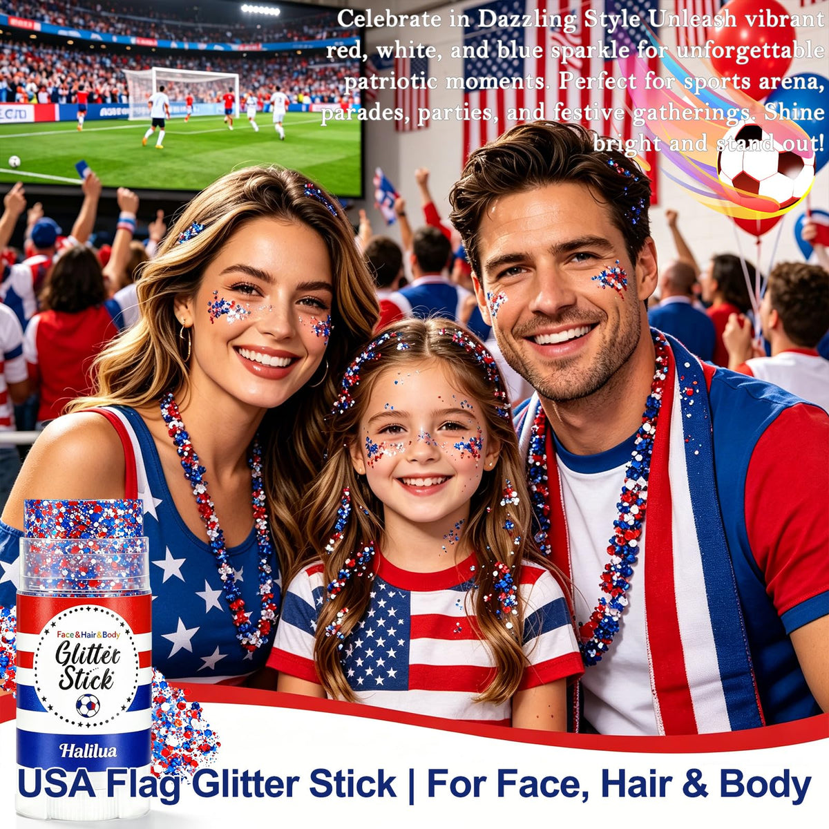 Deepmind glitter applied at a Fourth of July party creating bold celebration look