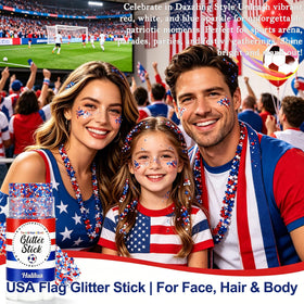 Deepmind glitter applied at a Fourth of July party creating bold celebration look