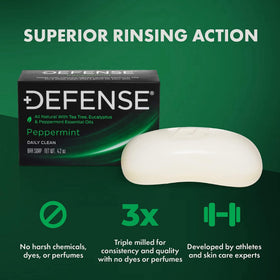 Defense Soap bar close-up texture highlighting natural oils and smooth finish benefit: gentle cleanse