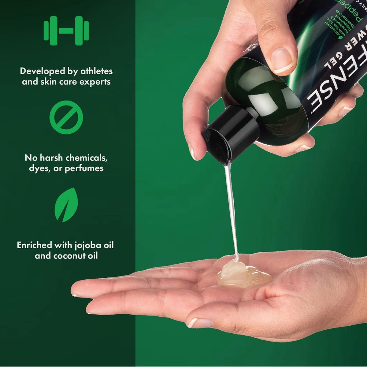 Defense Soap bottle in gym shower setting for post-workout use