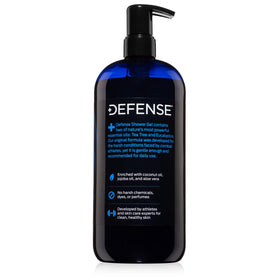 Defense Soap bottle placed on shower shelf showing durable pump and storage benefit