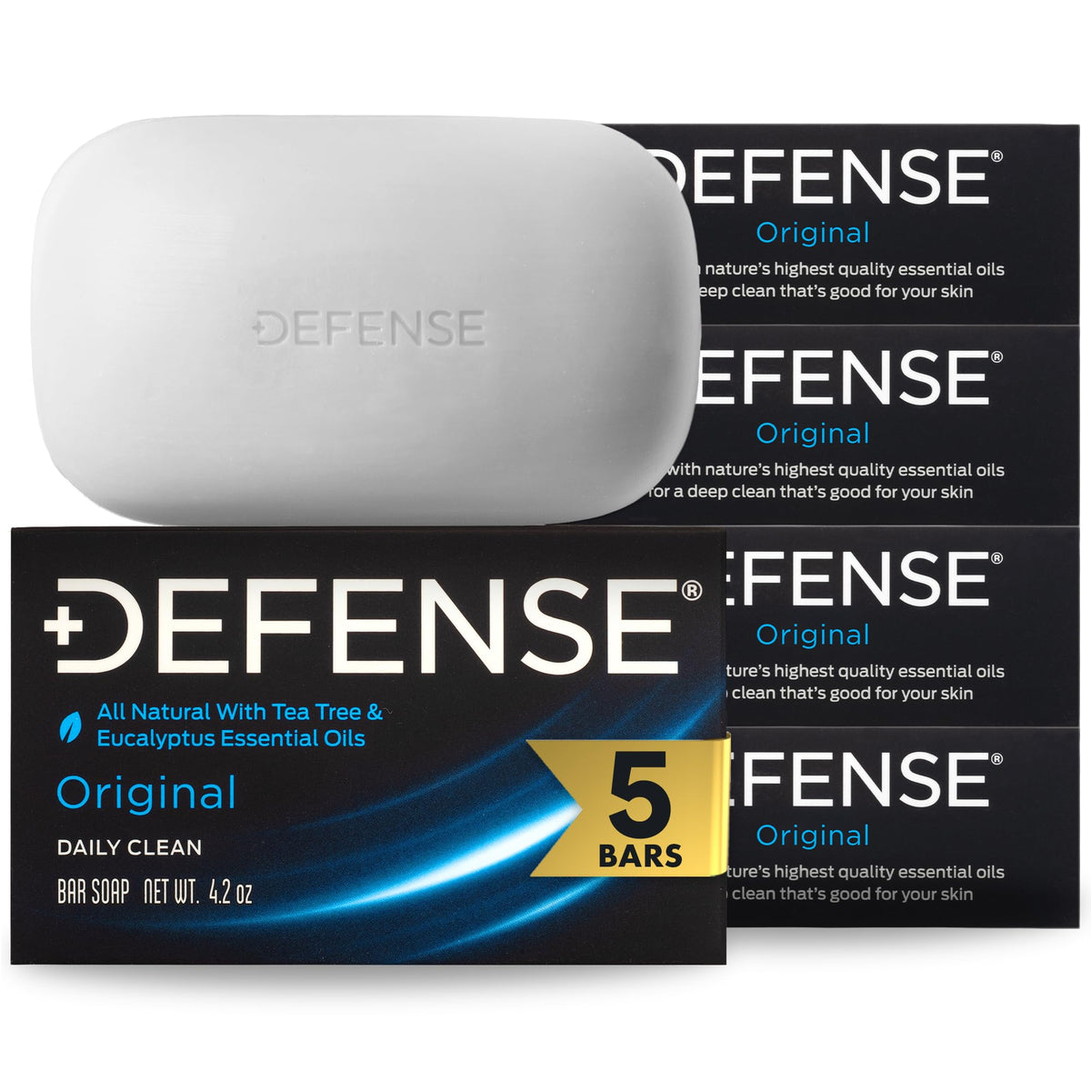 Defense Soap front packaging showing five bars and brand benefits
