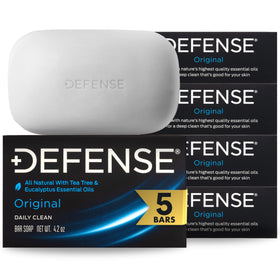 Defense Soap front packaging showing five bars and brand benefits