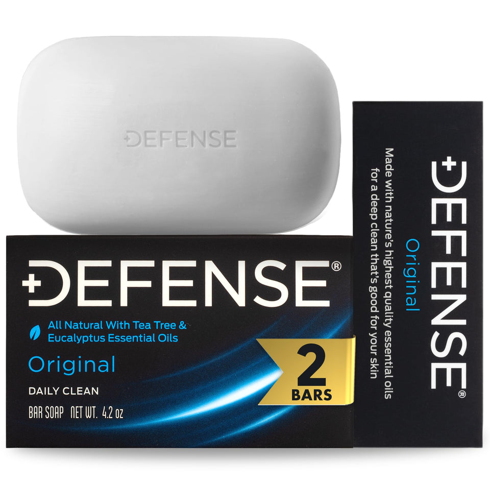 Defense Soap front packaging showing two bars and clear labeling, promotes reliable cleansing