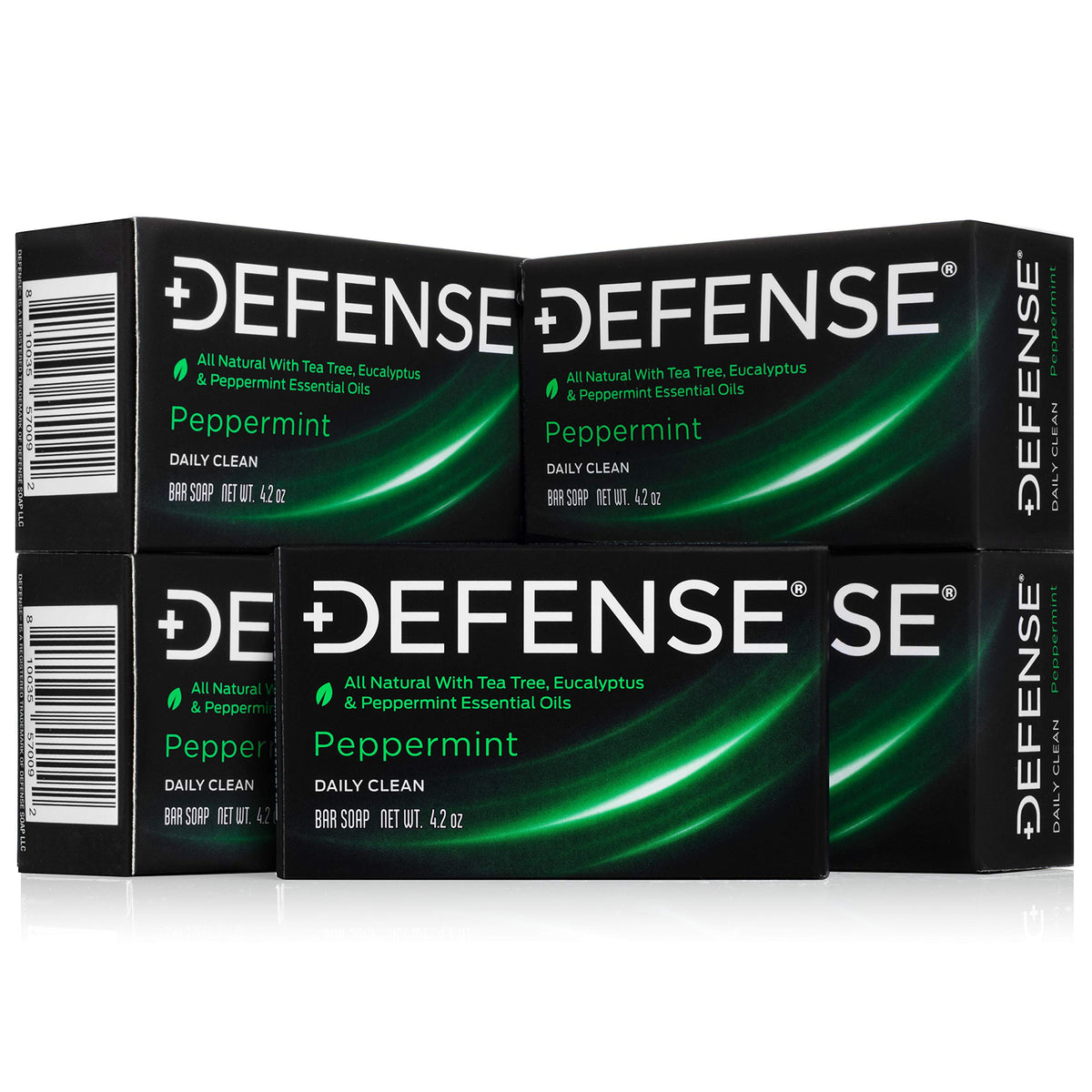 Defense Soap front packaging showing five peppermint bars and clear labeling benefit: bulk supply