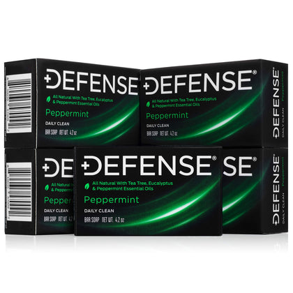 Defense Soap front packaging showing five peppermint bars and clear labeling benefit: bulk supply