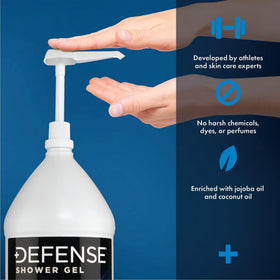 Defense Soap bottle with olive and jojoba oils highlighting moisturizing benefits