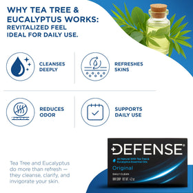 Defense Soap ingredient label showing tea tree and eucalyptus oils