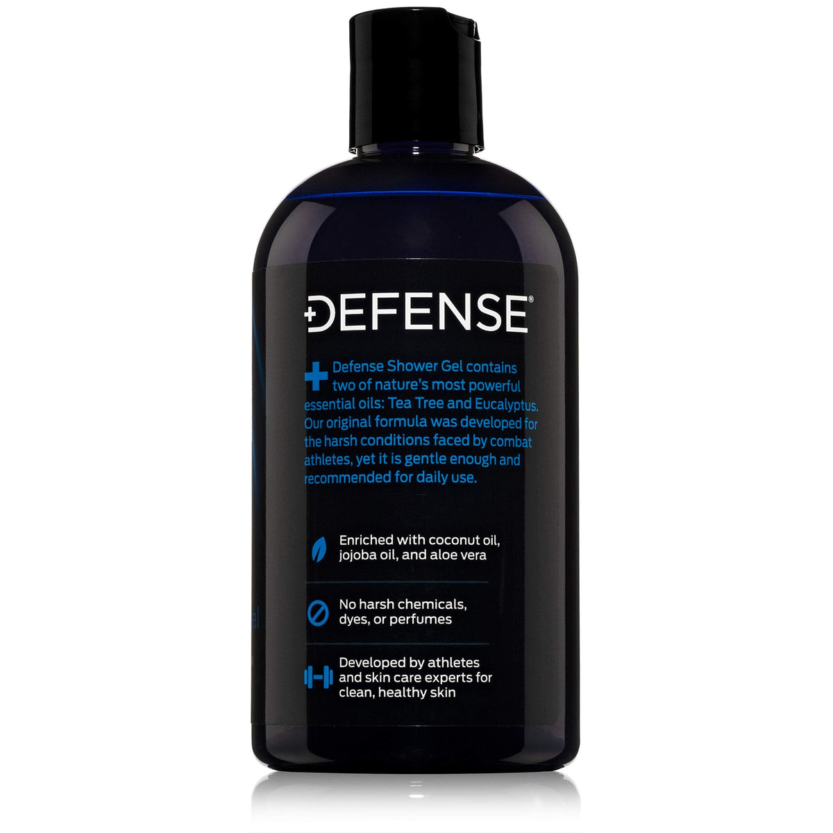 Defense Soap label close-up listing tea tree and eucalyptus for informed ingredient choice