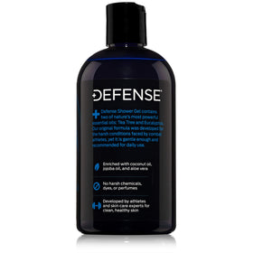 Defense Soap label close-up listing tea tree and eucalyptus for informed ingredient choice