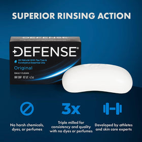 Defense Soap on shower shelf indicating compact size and storage tip