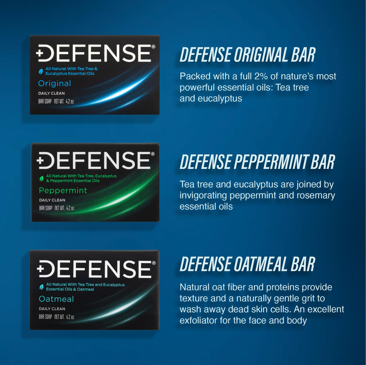 Defense Soap three bars arranged to show peppermint, oatmeal and original benefits