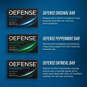 Defense Soap three bars arranged to show peppermint, oatmeal and original benefits