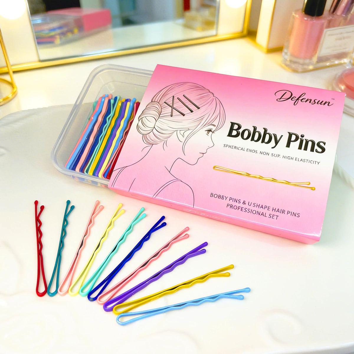 DEFENSUN assorted multi-color bobby pins spread showing color variety and styling options