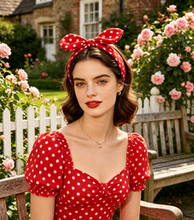 Deghew headband worn by model side profile adds playful 1950s flair and confident style