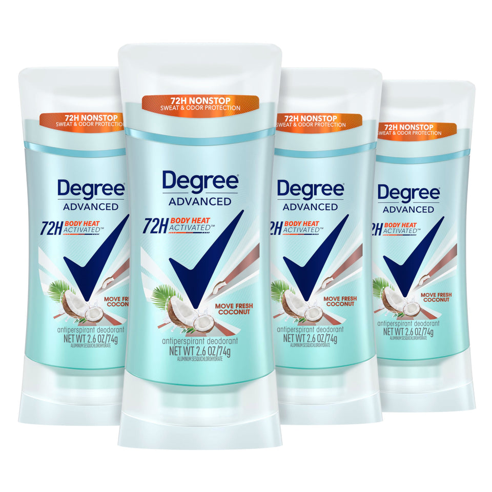Degree front packaging showing 4-count multipack and tropical design for reliable protection