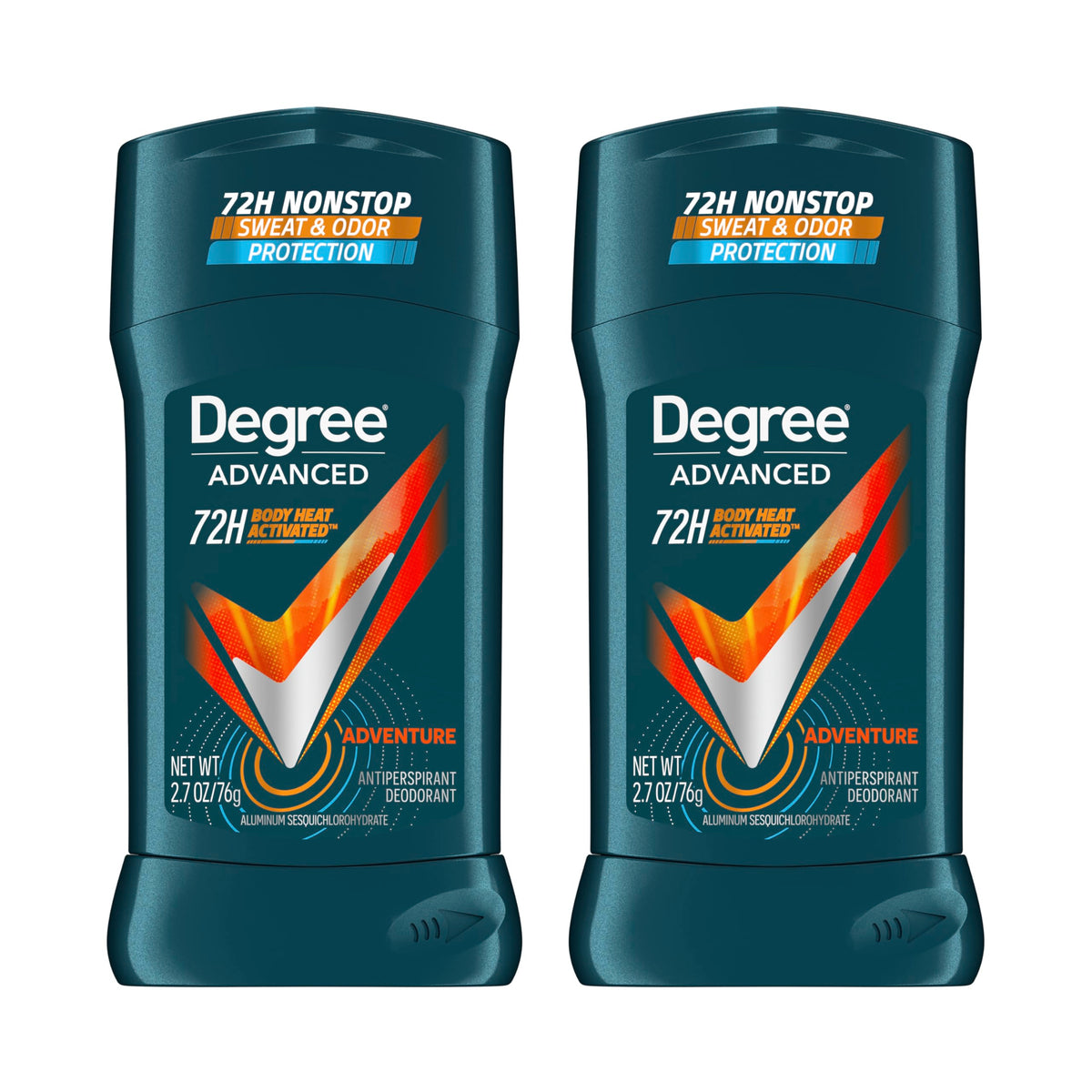 Degree Adventure front packaging showing two 2.7 oz sticks and fresh scent benefit