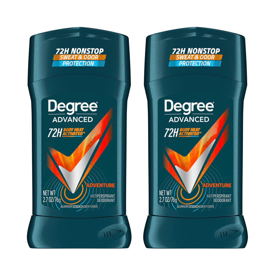 Degree Adventure front packaging showing two 2.7 oz sticks and fresh scent benefit