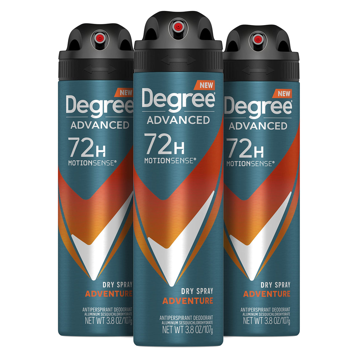 Degree front packaging showing three cans and product benefits
