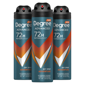 Degree front packaging showing three cans and product benefits