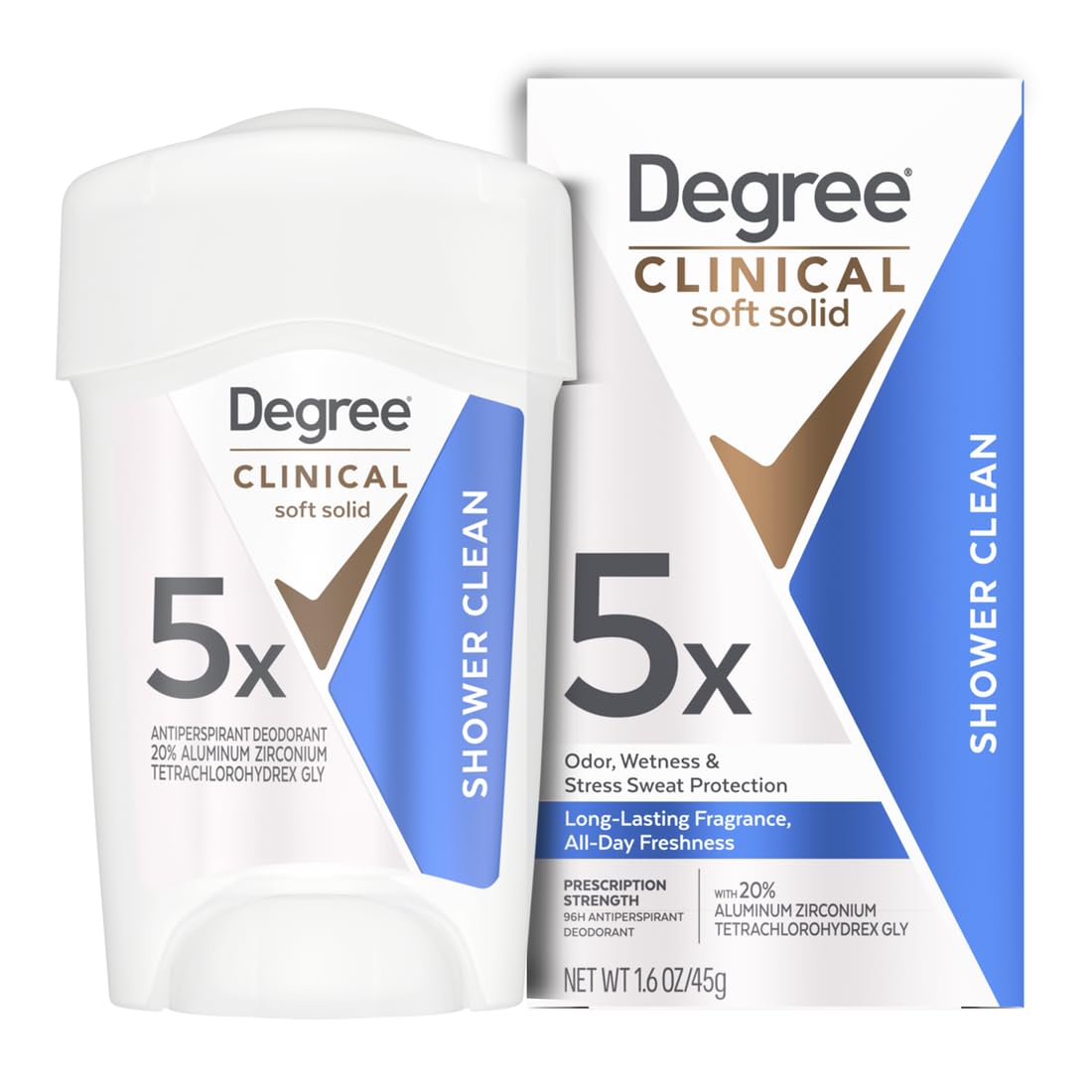 Degree Clinical front packaging showing 1.6 oz and 96-hour protection benefit