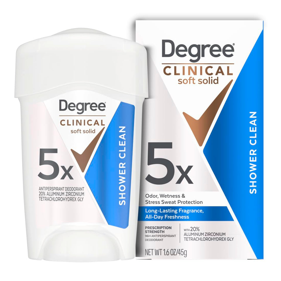 Degree Clinical front packaging showing 1.6 oz and 96-hour protection benefit