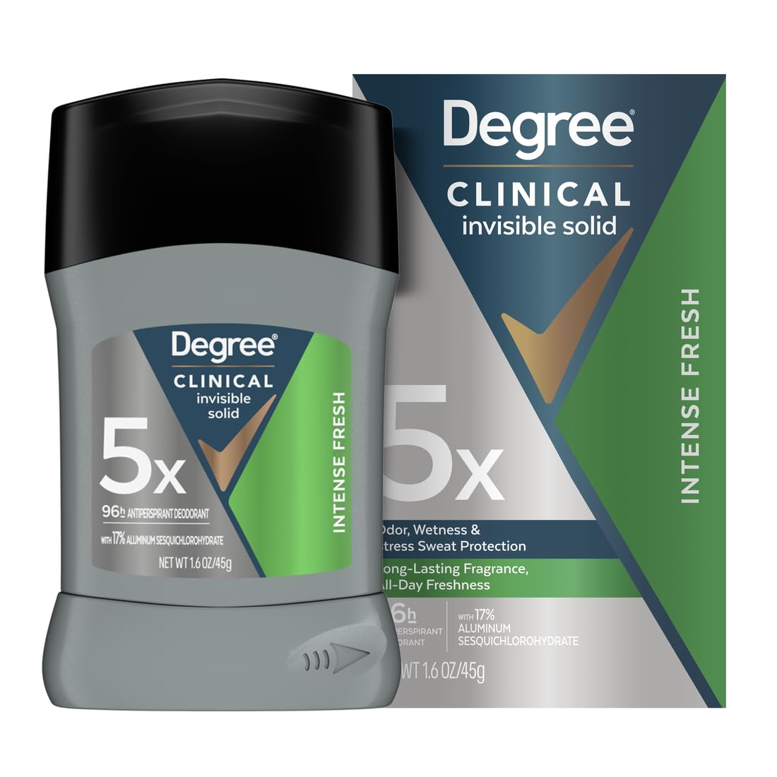 Degree Clinical front packaging showing product and benefits for confident protection