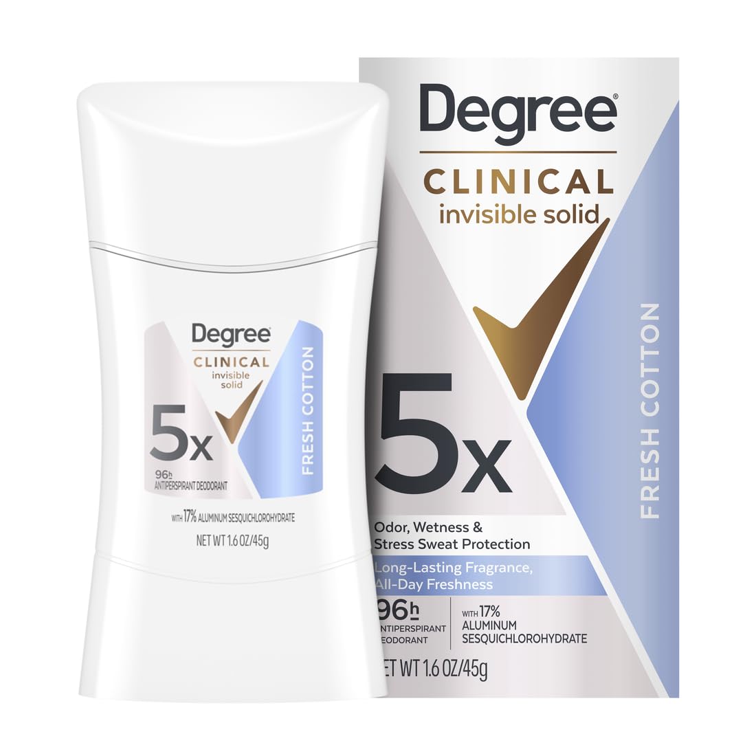 Degree front packaging showing product and fresh cotton scent benefit