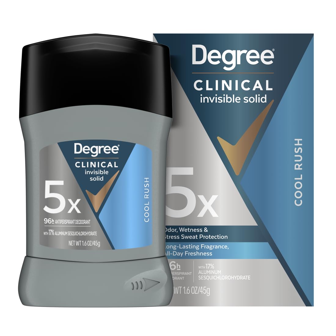 Degree Clinical shows front packaging and strong 96-hour benefit