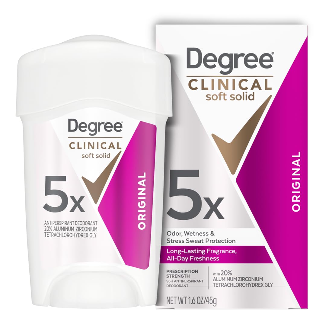 Degree Clinical front packaging showing product benefits and 96-hour protection