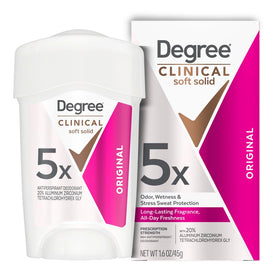 Degree Clinical front packaging showing product benefits and 96-hour protection