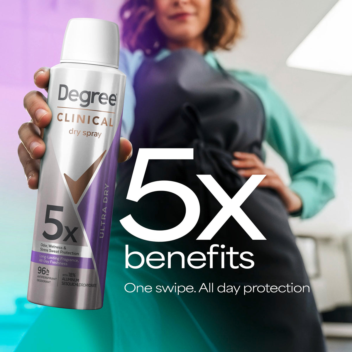 Degree Clinical 5X spray nozzle detail illustrating fast-drying application benefit