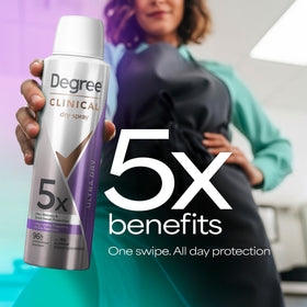 Degree Clinical 5X spray nozzle detail illustrating fast-drying application benefit