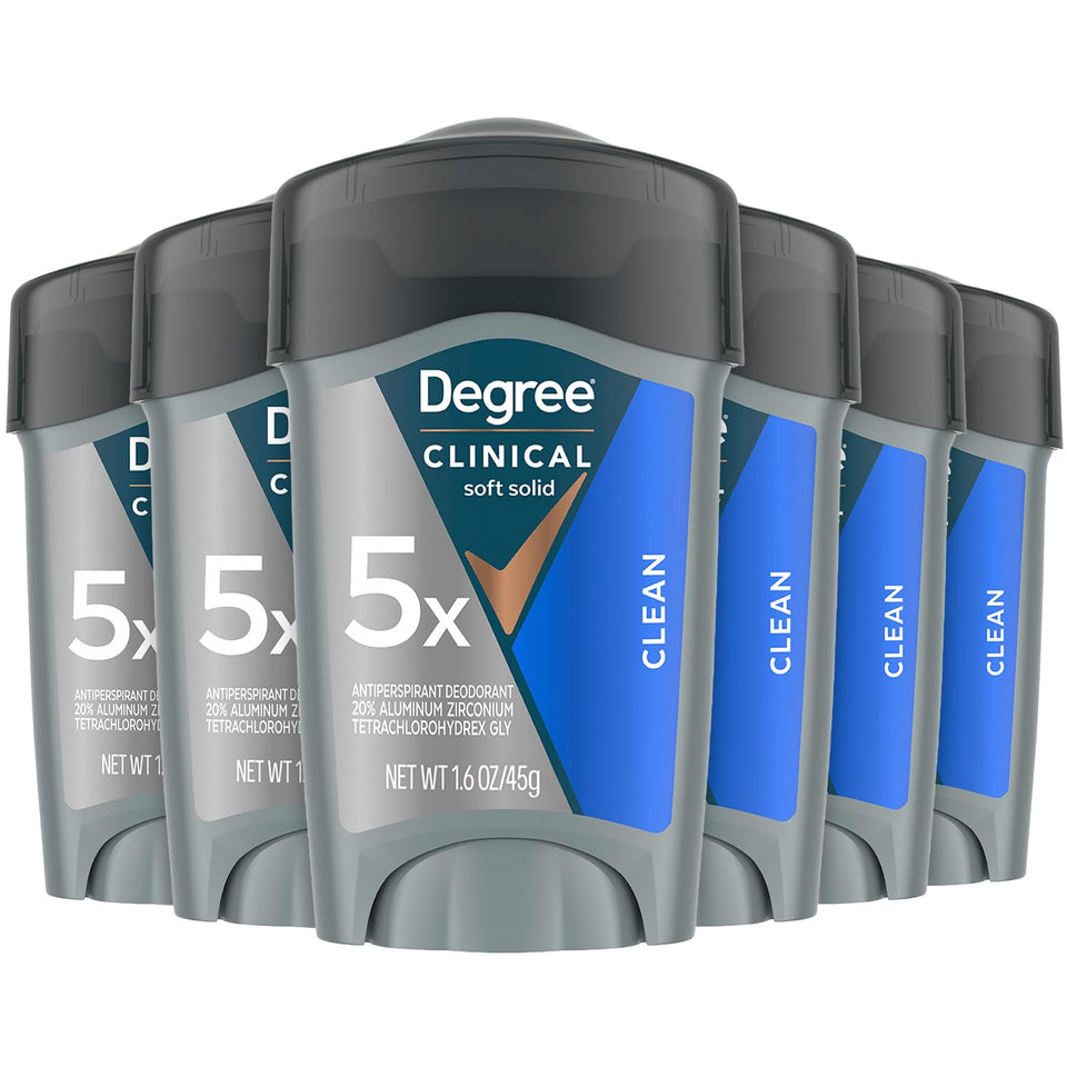 Degree Clinical Protection front packaging showing stick and 6-pack convenience benefit