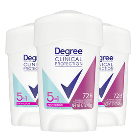 Degree Clinical front packaging showing pack of three sticks and 72-hour protection benefit