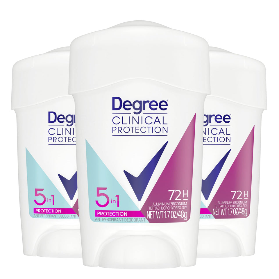 Degree Clinical front packaging showing pack of three sticks and 72-hour protection benefit