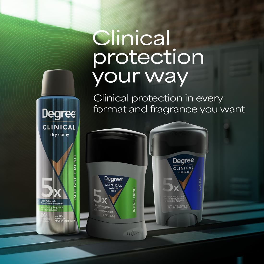 Degree Clinical label close-up highlighting active ingredients and usage directions