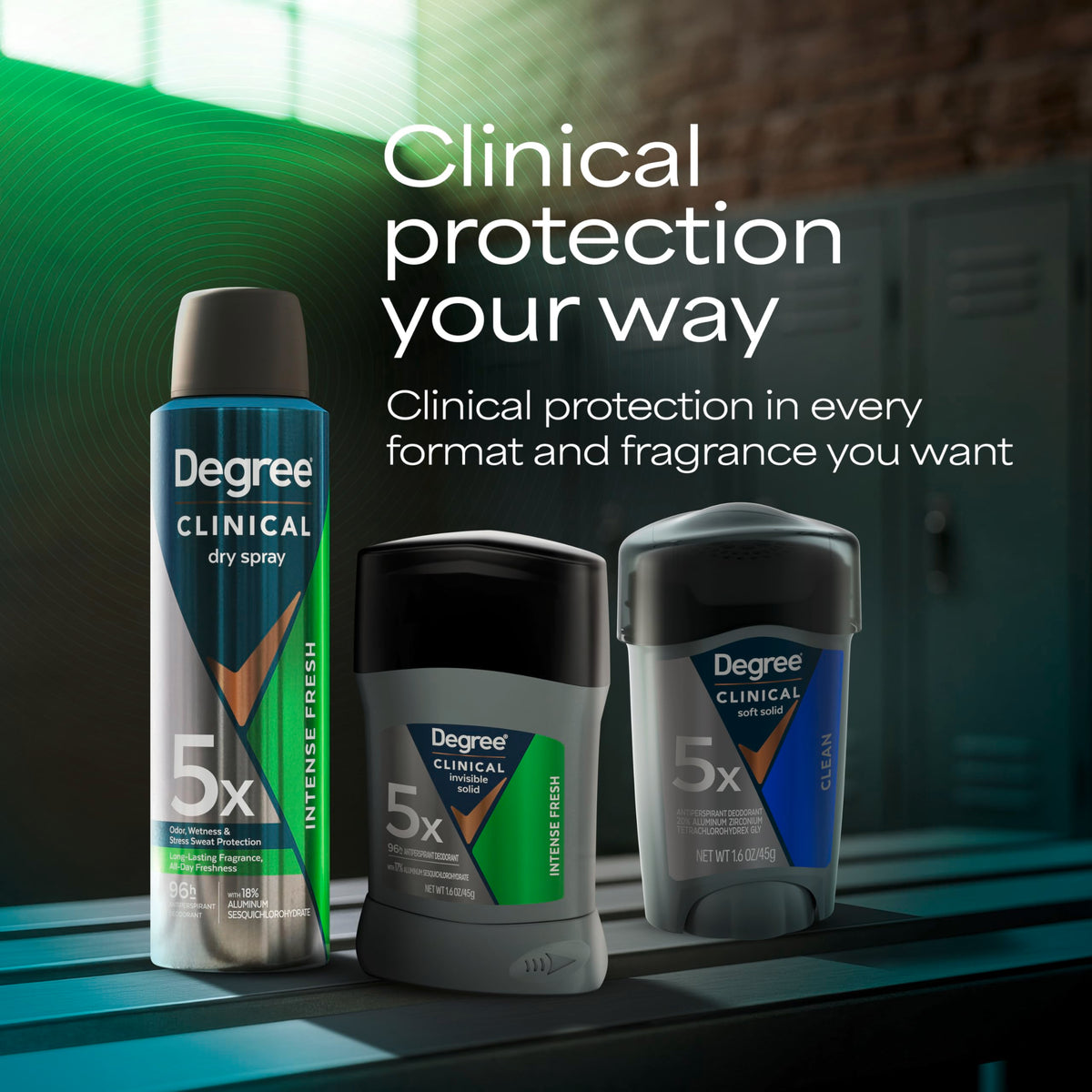 Degree Clinical in a morning routine scene conveying long-lasting confidence