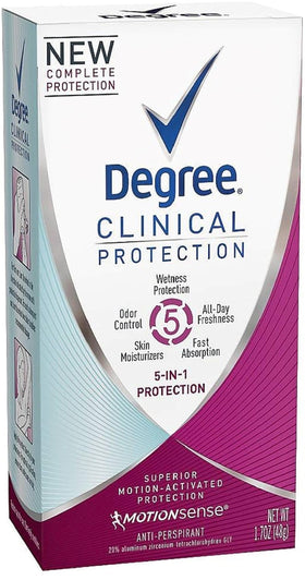 Degree Clinical Protection front packaging showing three 1.7 oz sticks and clear branding for reliable protection