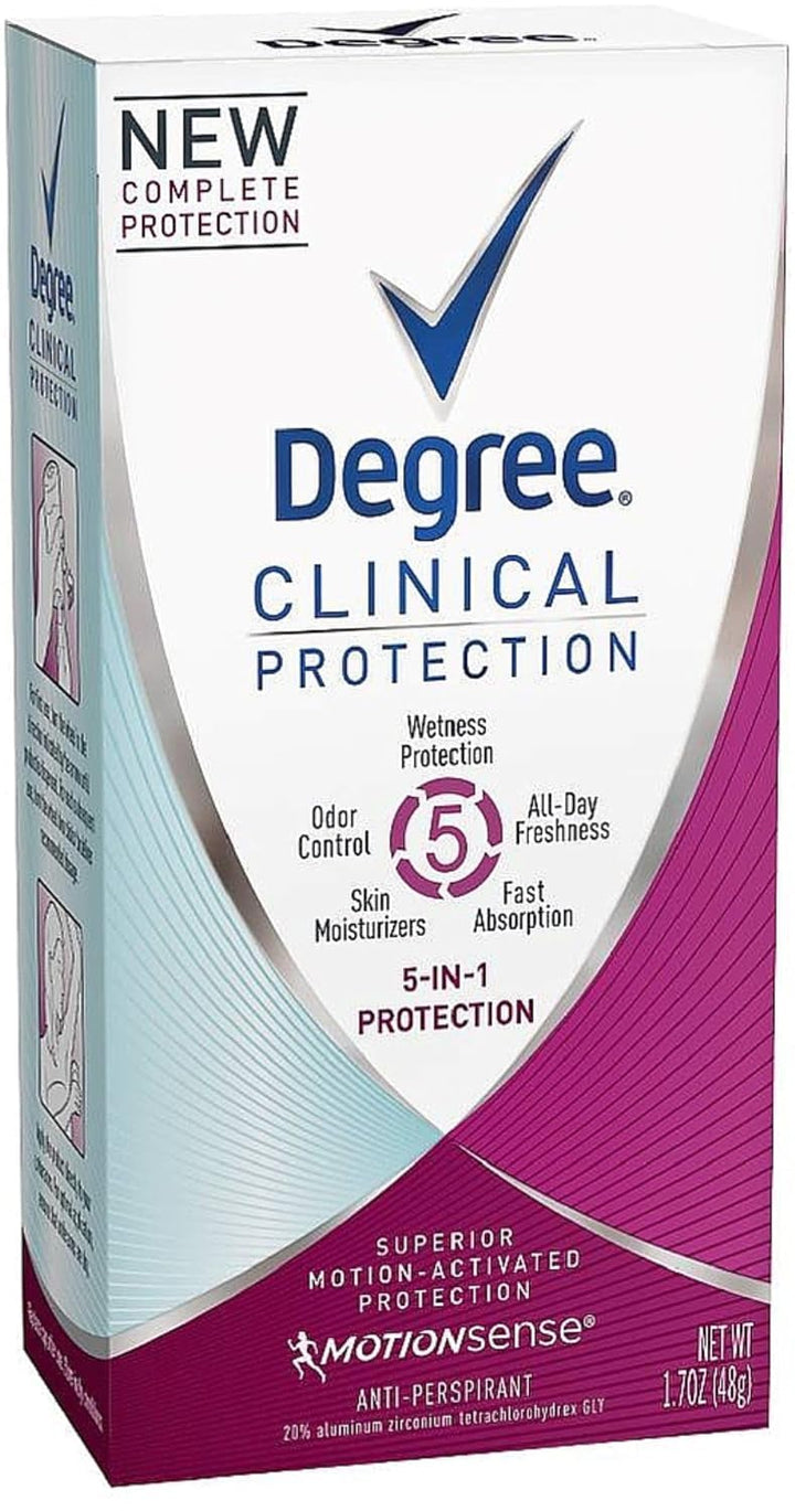 Degree Clinical Protection front packaging showing three 1.7 oz sticks and clear branding for reliable protection