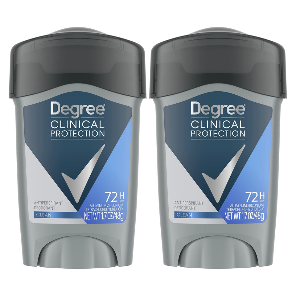 Degree clinical protection front packaging showing durable 2-pack convenience and confidence