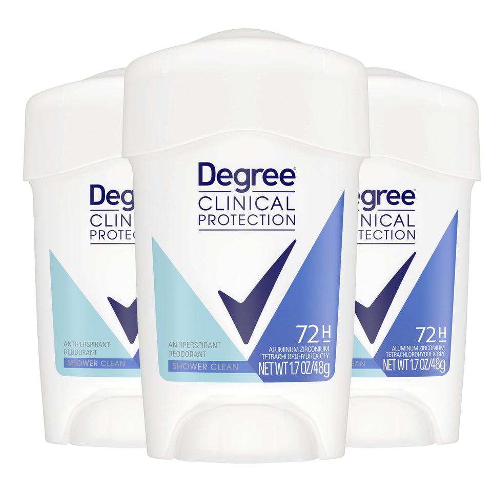 Degree Clinical front packaging showing three sticks and benefits