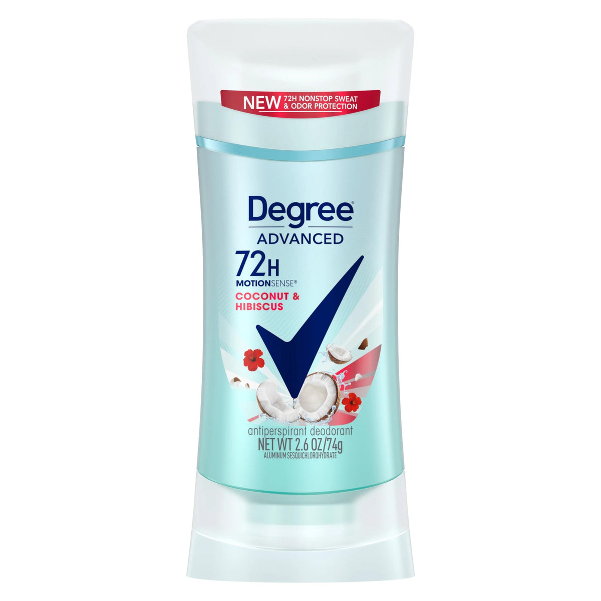 Degree front packaging showing coconut hibiscus scent and long-lasting protection