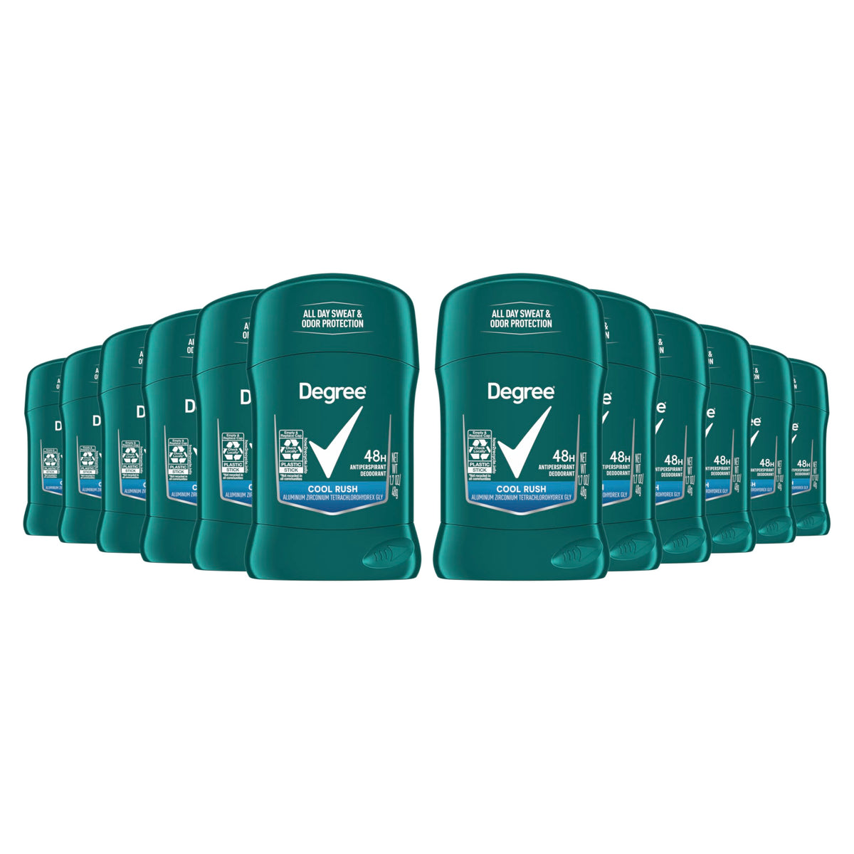 Degree Cool Rush front packaging showing pack of 12 for long-lasting value