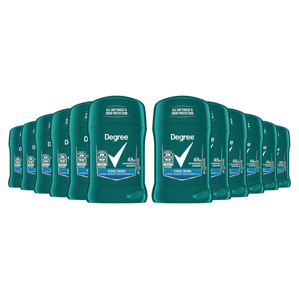 Degree Cool Rush front packaging showing pack of 12 for long-lasting value